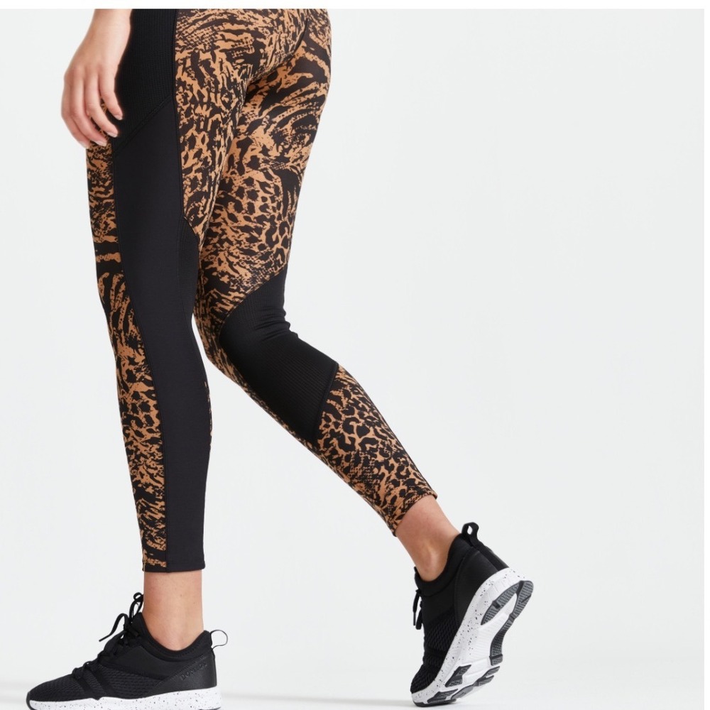 Decathlon Domyos Womens Animal Print High Waisted Leggings with Pocket Tan Black